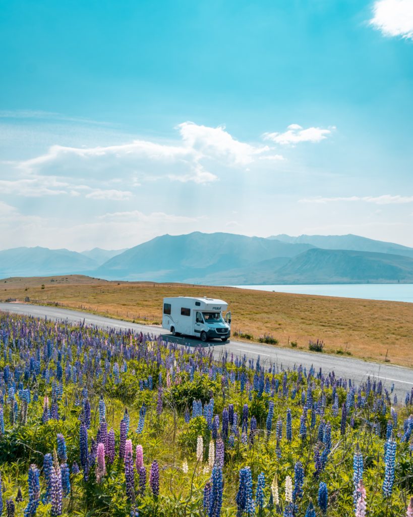 Campervan driving past flower fields and lake